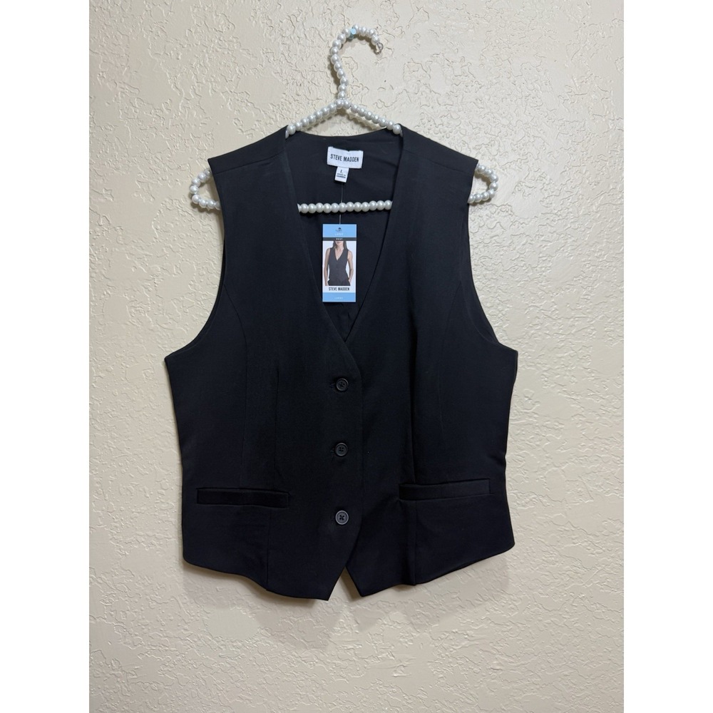 Dark Academia Steve Madden Women's V-Neck Missy Suiting Vest Black Blouse LG NWT